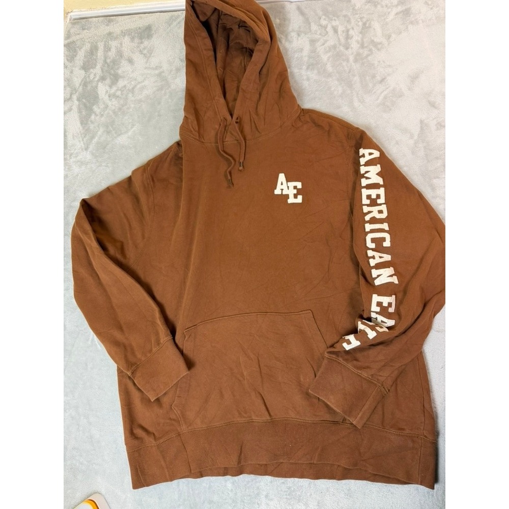 AMERICAN EAGLE Hoodie Mens XXL Brown Pullover Sleeve Spellout Y2K drawstrings